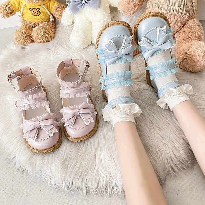 Women Shoes Patchwork Lace Mary Janes Shoes Women Pu Leather Lovely Bowtie Woman Platform Blue Pink Ankle Strap Lolita Shoes