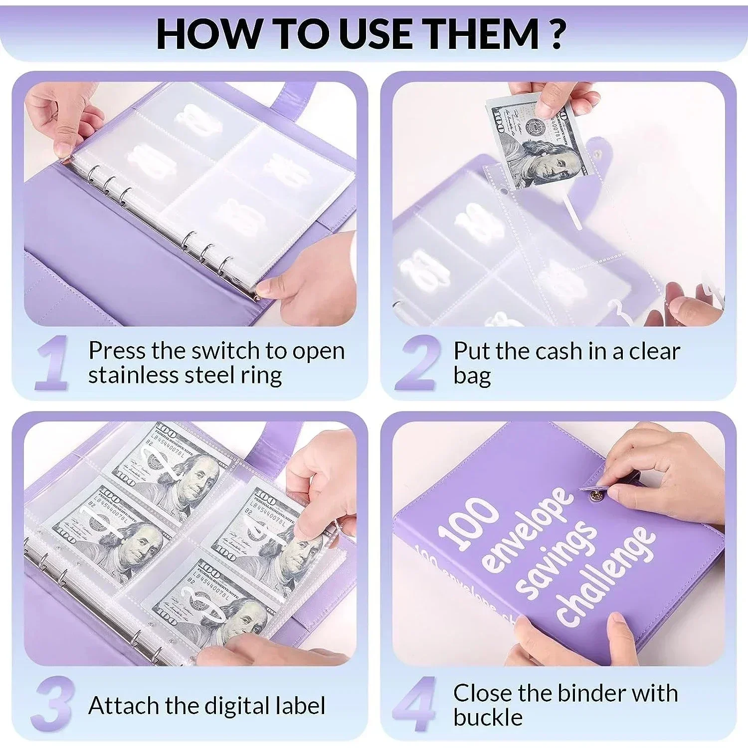 Sharkbang A5 PU 100 Envelope Saving Challenge Book Binder Collect Book Set 25 Sheets 100 Pockets Number Sleeves Full Set Holder