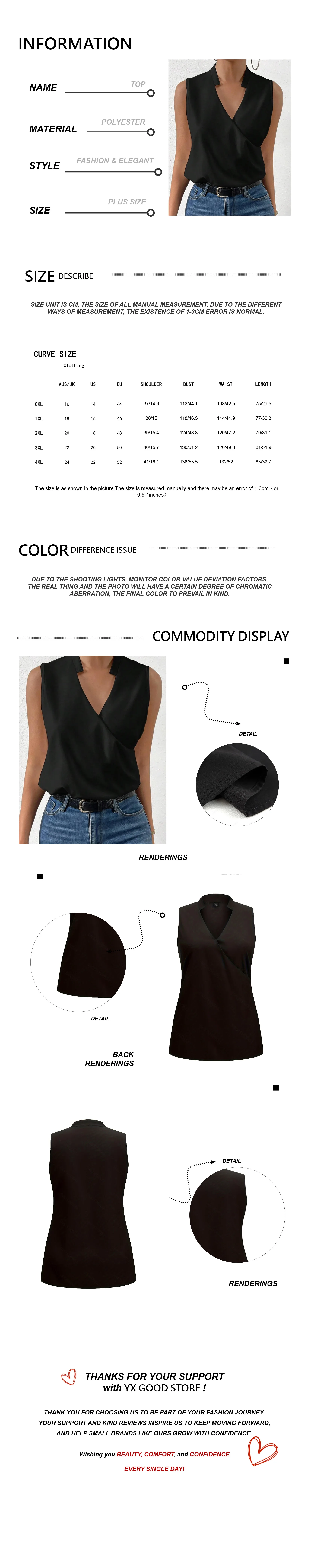 Einfarbiges Racerback-Tanktop für Damen in Übergröße mit V-Ausschnitt in Schwarz: Ideal für Shopping- und Straßenausflüge 1-5XL. – Detail 1