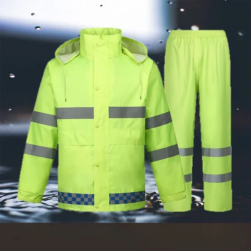 

Fluorescent Green Oxford Cloth Split Outdoor Traffic Duty Environmental Sanitation Reflective Raincoat Set