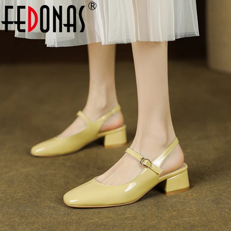 

Женские босоножки на толстых каблуках FEDONAS, желтые туфли из натуральной кожи с пряжкой, простая обувь для офиса на весну-лето 2023