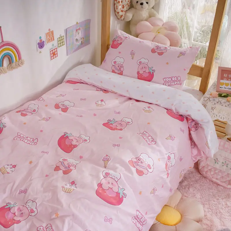 

Kawaii Cartoon Cute Kirby Anime Image Sheet Quilt Cover Household Products 3Pcs Set Student Dormitory Bedding Article Kids Gifts