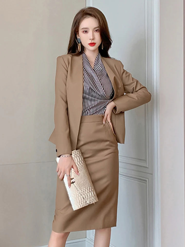 Tailleur Femme 2 Pièces - Veste Blazer + Jupe Crayon - Coupe Slim Fit - Pour Bureau, Travail, Occasions Chic - Tissu Doux Et Extensible