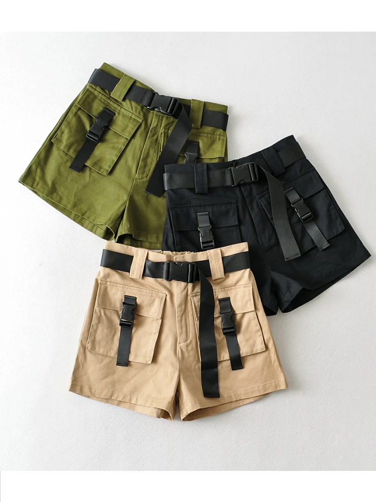 

UNUTH Casual Women Khaki With Huge Pockets Work Shorts 2022 Autumn Fashion Ladies Casual Female High Waist Wide Leg Shorts