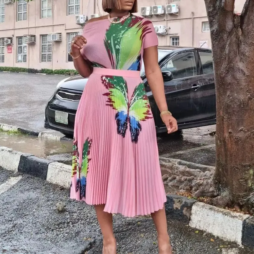 2023 new women's clothing printing jacket pleated skirt bust skirt suits Africa two-piece big yards 2022 female brim minus age two piece suit skirt micro fat woman show thin summer covered meat in a summer big yards dress