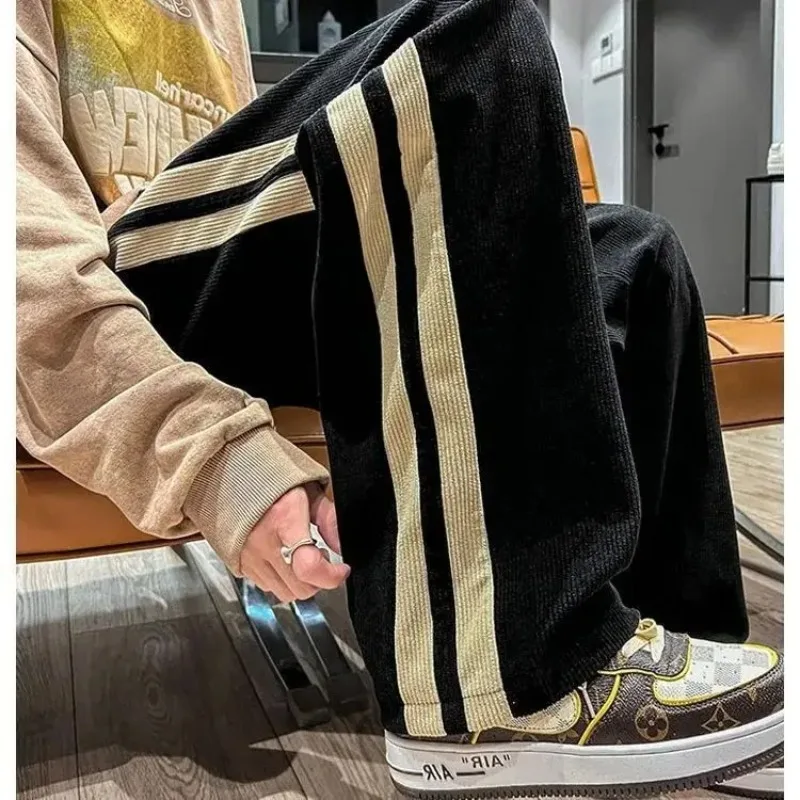 American High Street Trend Autumn Versatile Corduroy Casual Pants Men's Embroidery Patchwork Drawstring Pocket Straight Trousers