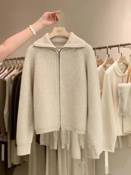 Zipper 100% pure cashmere cardigan ladies knitted coat thickened sweater lapel loose autumn and winter. 1