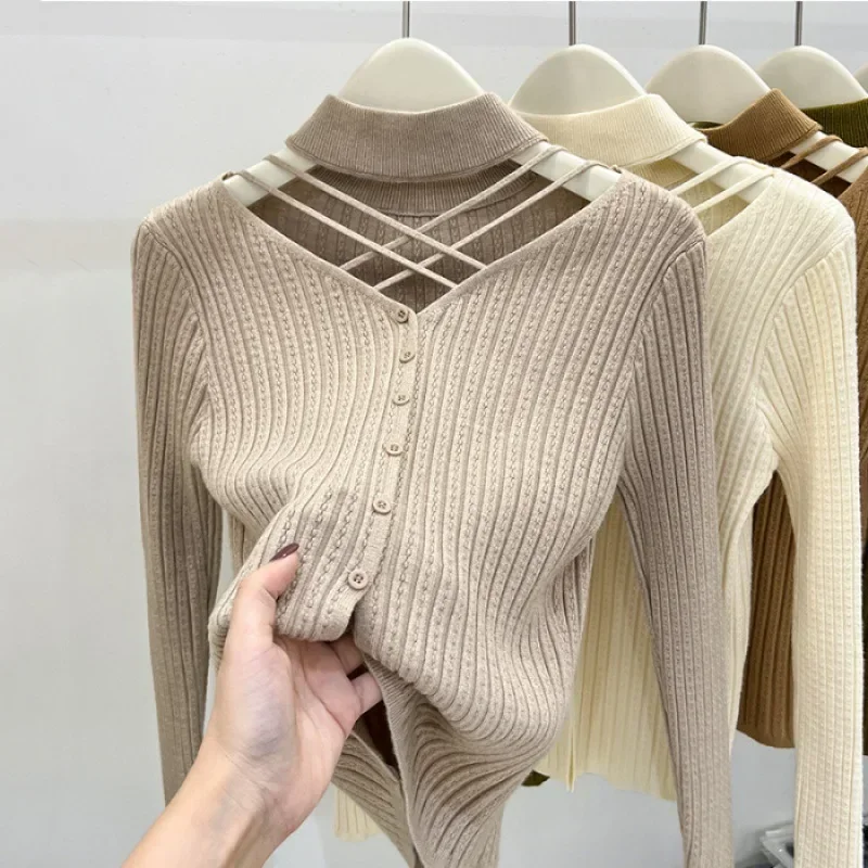 

Neck cut-out knitwear womens long-sleeved tops spring and autumn 2023 new sexy semi-turtleneck undergarments gray22