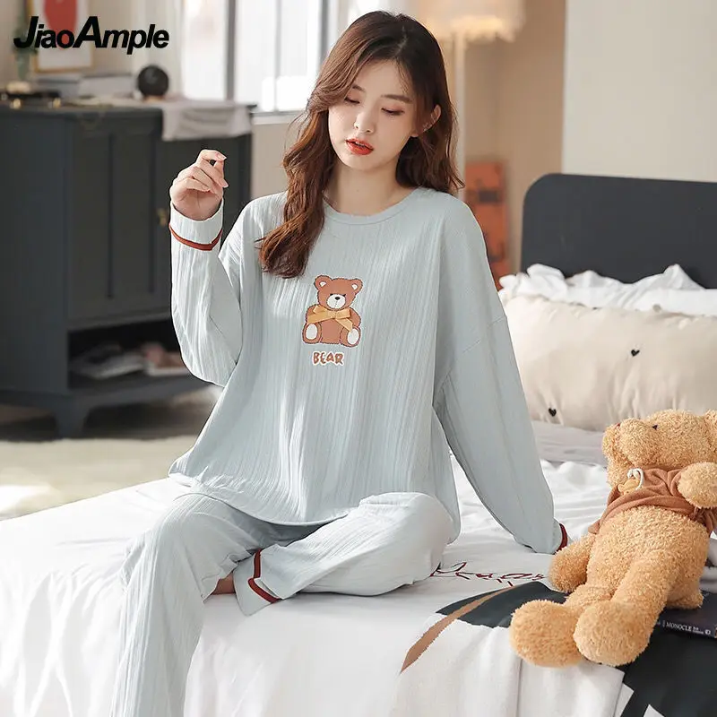 Cotton Pajamas 2022 Spring Autumn New Loose Cartoon Pijamas Women's Casual Trousers Sleepwear Two-piece Female Home Clothes Suit