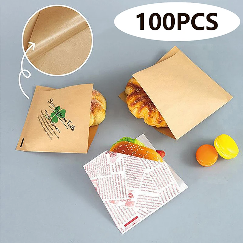 Kraft Paper Sandwich Paper Wrap 100Pcs Disposable Food Packing Triangle Shape Oil-Proof Doughnut Packing Bag Baking Tools for food storage bag