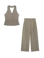 HH Women 2 Piece Set Halter Neck Single-Breasted Pocket Sleeveless Halter Vest Tops+High Waist Zipper Pockets Wide Leg Pant - Image 3
