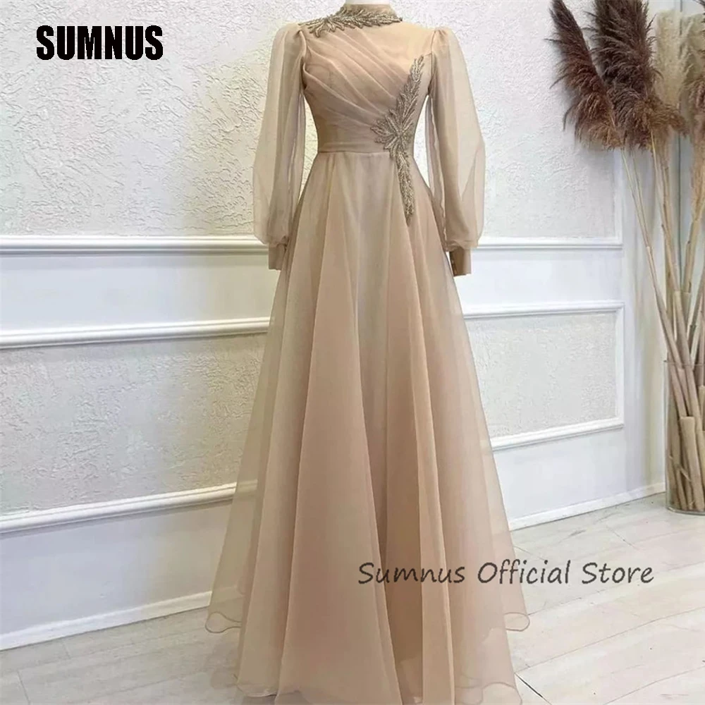 

SUMNUS Champagne Muslim A Line Evening Dresses Arabic Women Formal Appliques Party Gowns Dubai Pleats Exquisite Prom Dress