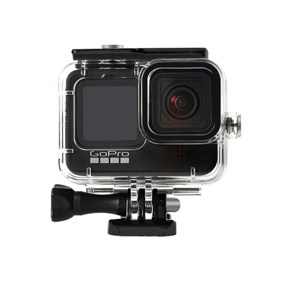 Caisson étanche 60m pour GoPro Hero 13/12/11/10/9 en action sous-marine, protection sous-marine ultime avec éclairage bleu.