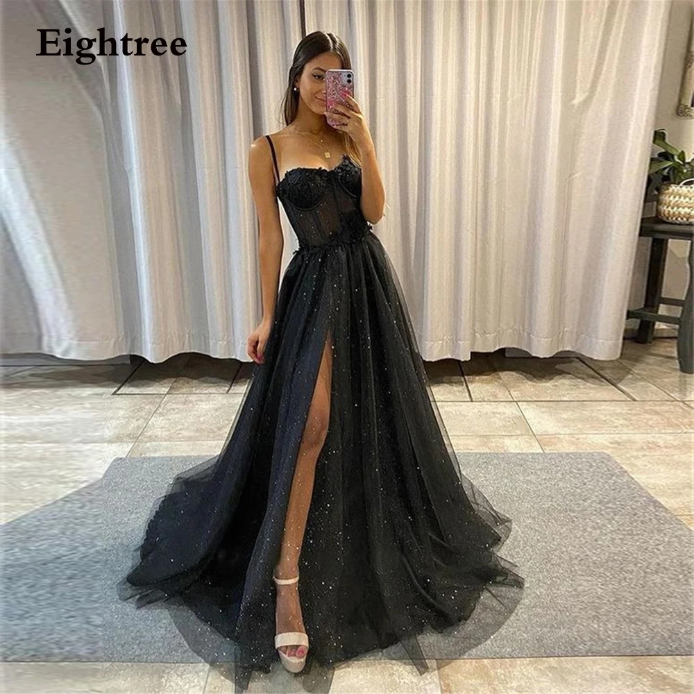 

Eightree Black Glitter A Line Tulle Prom Dresses Spaghetti Straps Sweetheart Tulle Bones Side Slit 3D Flowers Long Evening Gowns