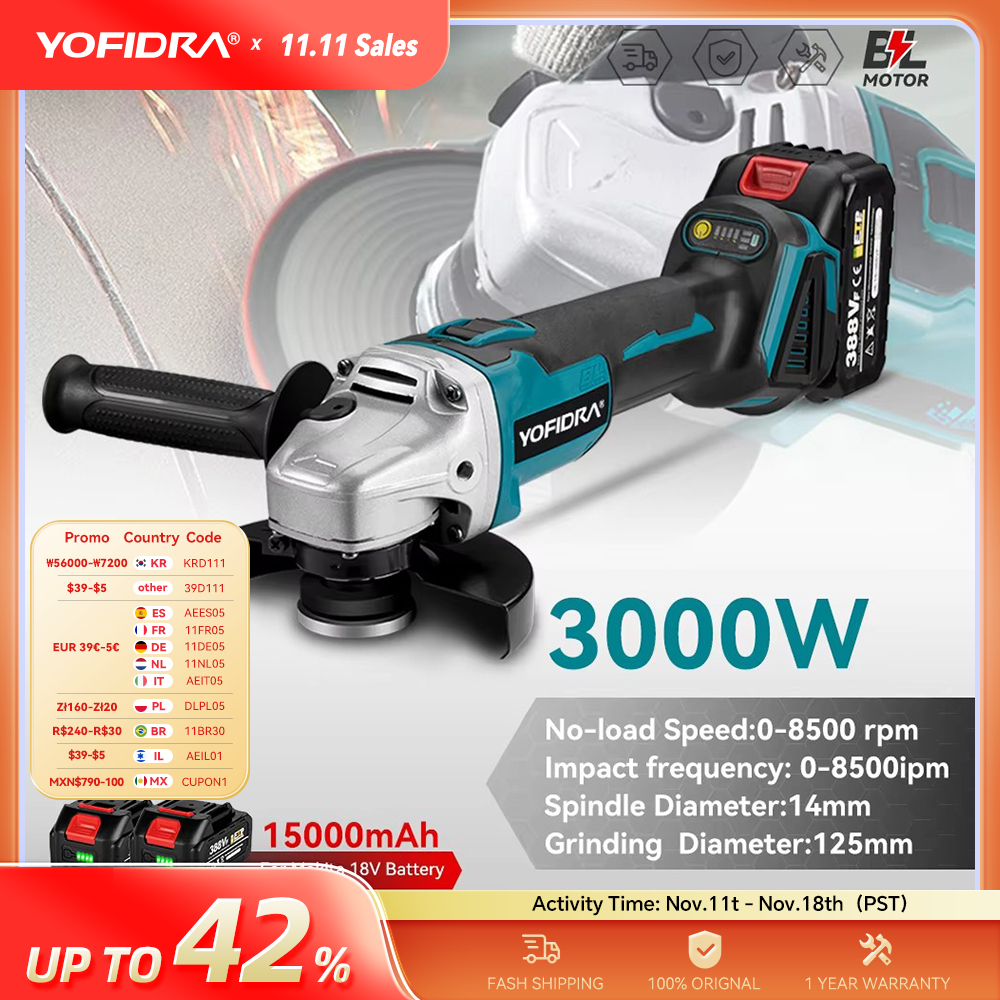 Yofidra 125mm Brushless Angle Grinder 4 Gears Cordless Grinding Machine Cutting Woodworking Power Tool For Makita 18V Battery