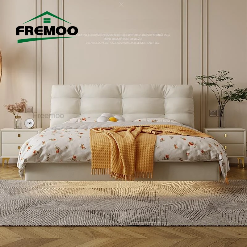 

Leather Double Bed Bedroom Furniture Modern Suspension Bed Designer King/ Queen Size Frame Home Furniture