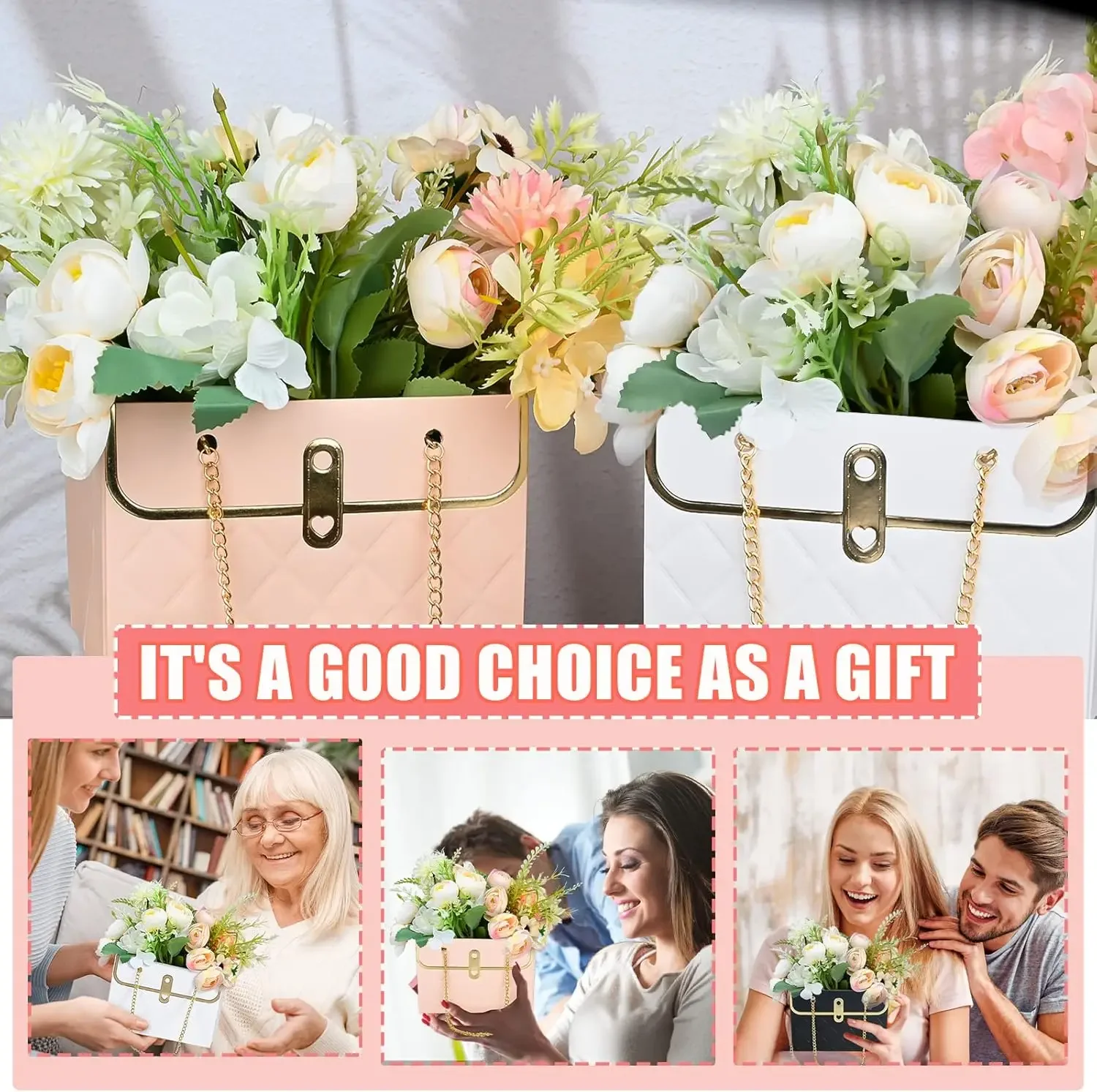 Flower Bags for Bouquets Small Flower Boxes for Arrangements with Metal Chain Cute Purse Paper Gift Box Floral Packing Tote Bags