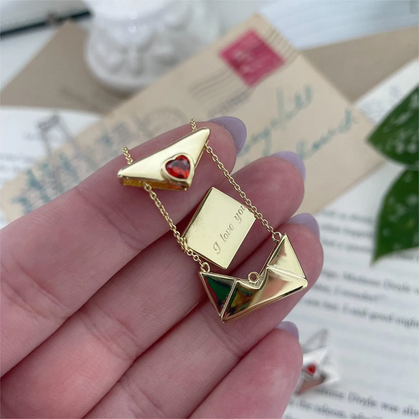 Vintage Heart Zircon Lettering I Love You Square Metal Pendant Openable Envelope Necklace Stainless Steel Choker Collar Jewelry