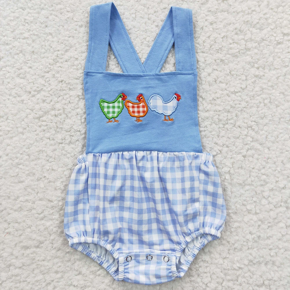 Wholesale Newborn Romper Floral Blue Jumpsuit Embroidery Chicken Toddler Kid Children Summer Matching Baby Boy Girl One-piece 2