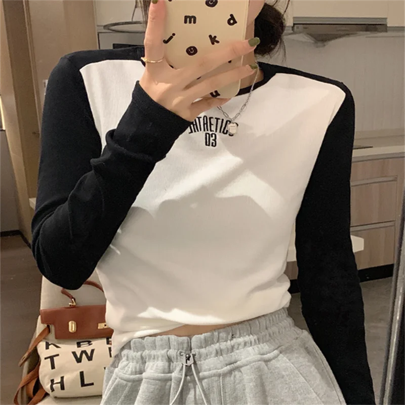 

Patchwork Crop Top Vintage Ribbed Long Sleeve T-shirt Korean 2023 Spring New Slim-fitting undershirt short Top