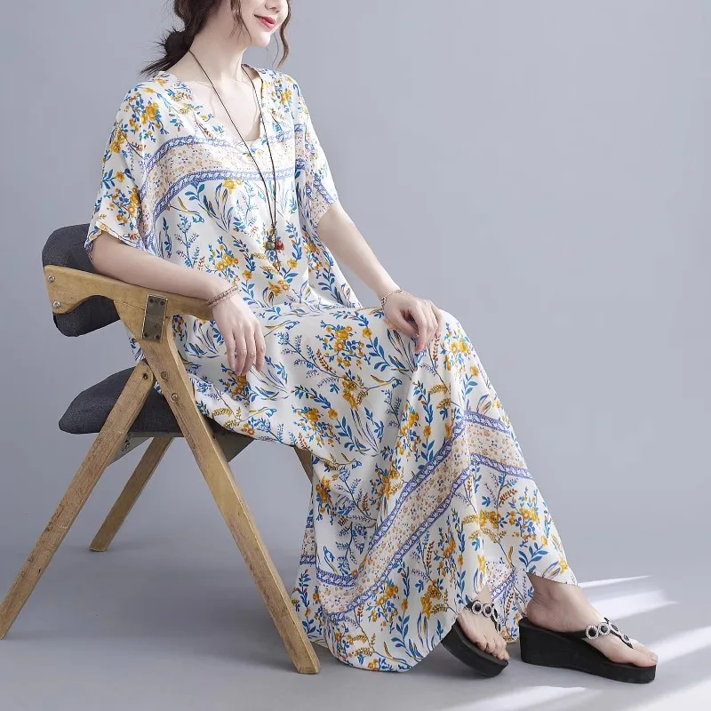 Summer Style Nightdresses Women Sleepwear Long Dress V-Neck Nightgown Plus Size Nightwear loose Can Outside Wear