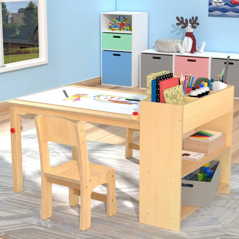 Kids Art Table and 2 Chairs, Wooden Drawing Desk, Activity & Crafts, Children's Furniture