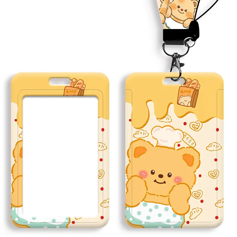 Cartoon Bear Slide Card Holder with Lanyard Student ABS Plastic ID Badge Holder 110x70mm for Office Access Cards Storage