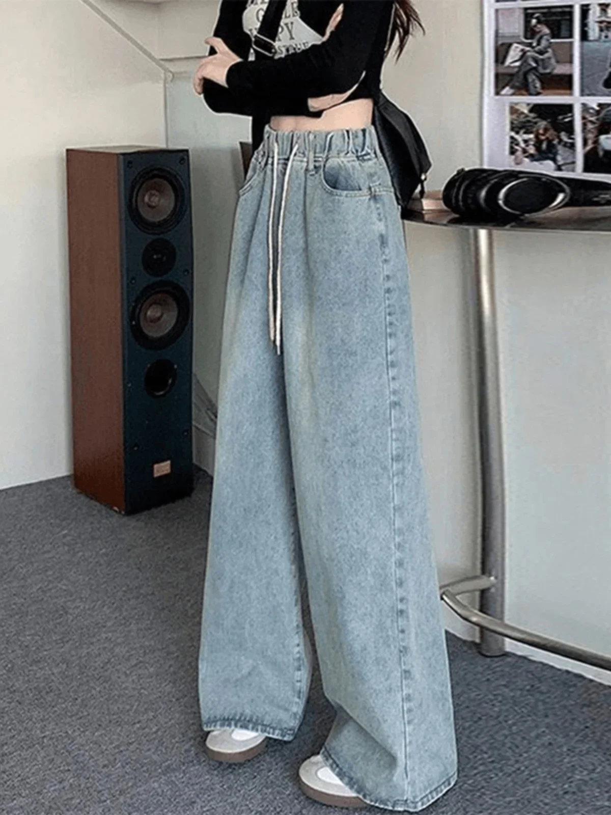 Botvotee Elastic Waist High Waist Wide Leg Jeans for Women Loose Straight Blue Long Denim Pants Female Fashion Streetwear Jeans 3 Botvotee Elastic Waist High Waist Wide Leg Jeans for Women Loose Straight Blue Long Denim Pants Female Fashion Streetwear Jeans - Image 3