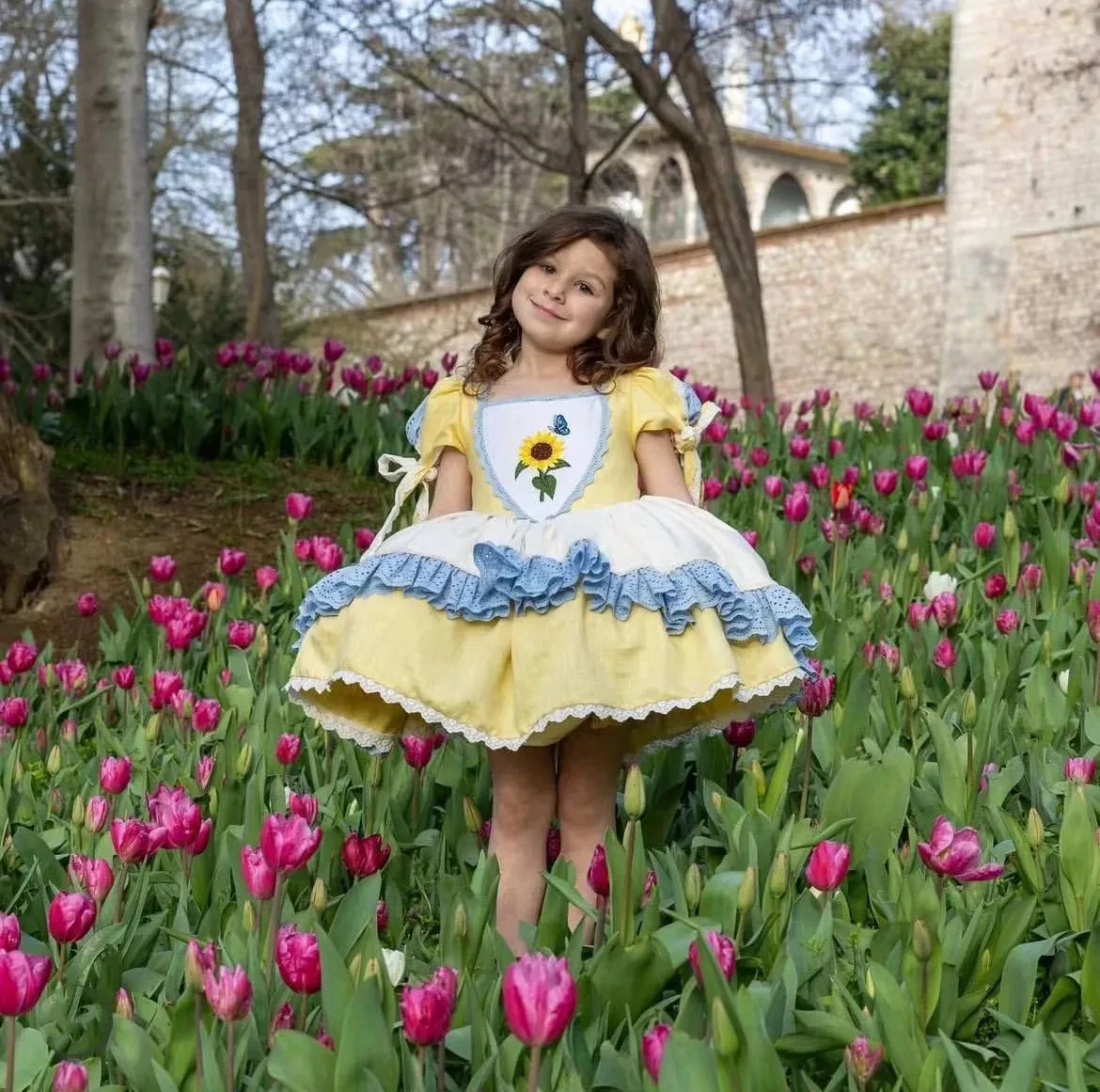 

0-12Y Baby Girl Spring Summer Yellow Sunflower Embroisery Vintage Spanish Princess Ball Gown Yellow Dress for Eid Causal