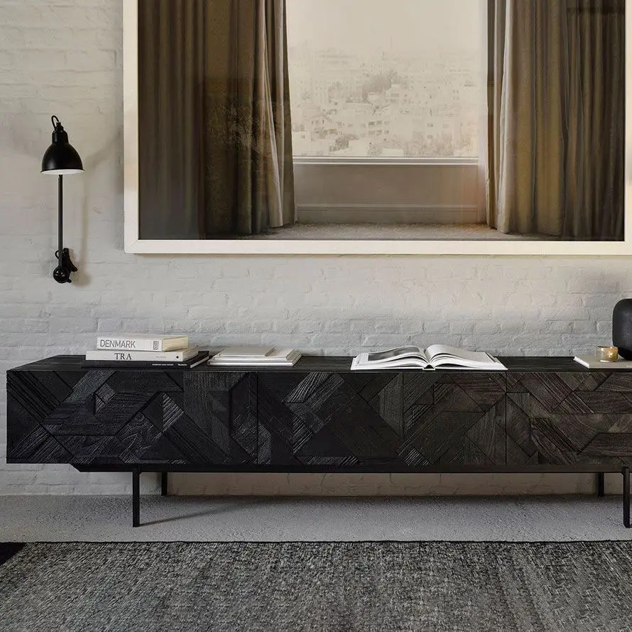 TV Cabinet Antique Industrial Style Creative Carving Wabi-sabi Style Geometric Design Solid Wood Retro Audio-visual Cabinet