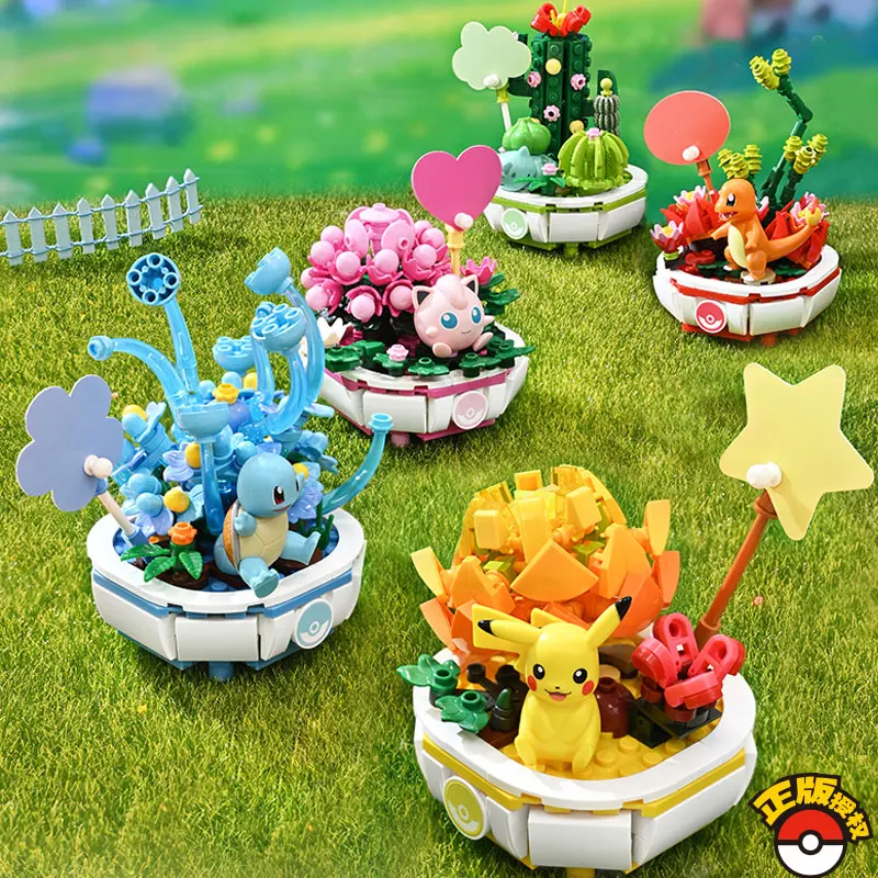 Pokemon casa decoração planta vaso de flores modelo blocos de