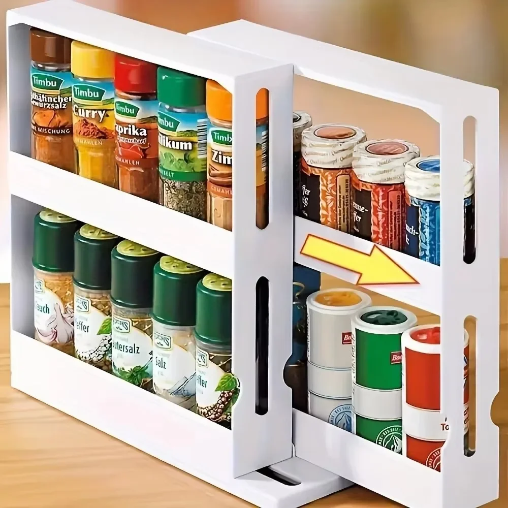 Extendable Spice Rack 2-Tier Rotating Organizer Adjustable Space Saving Kitchen Cabinet Countertop Seasoning Storage Shelf