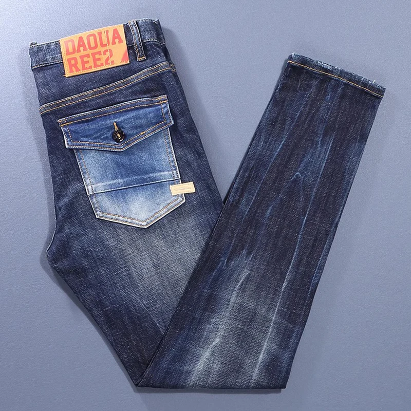 Street Fashion Men Jeans High Quality Retro Blue Elastic Slim Fit Vintage Ripped Jeans Men Pocket Designer Brand Pants Hombre