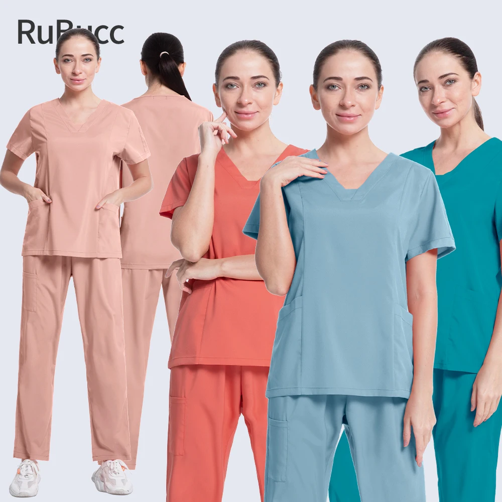 Solid Color Unisex Surgical Gown Pocket V-neck Scrubs Set for Women Joggers Scrub Suit Hospital Uniform Nurse Workwear