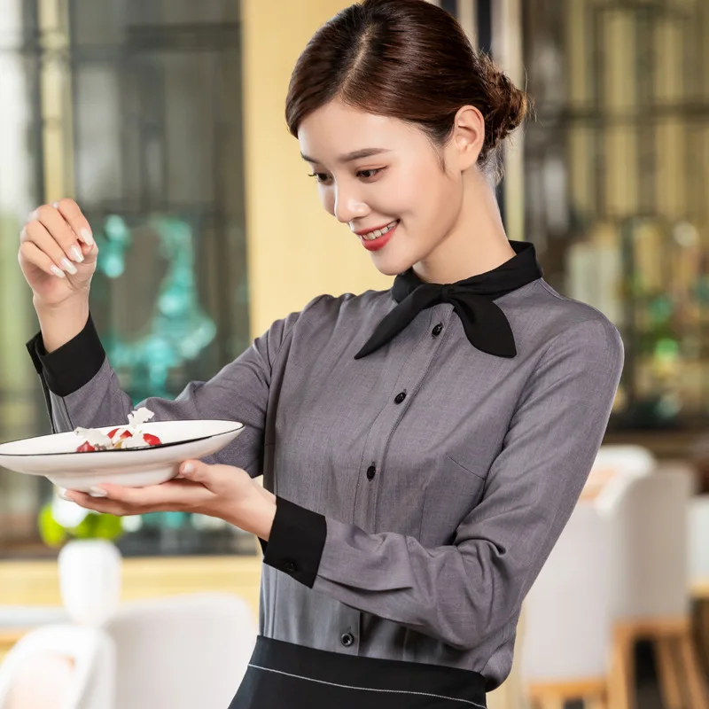 Hotel Catering Waiter Workwear Long-Sleeved Women\'s Shirt Western-Style Coffee Shop Bakery Hot Pot Restaurant Lobby Clothing