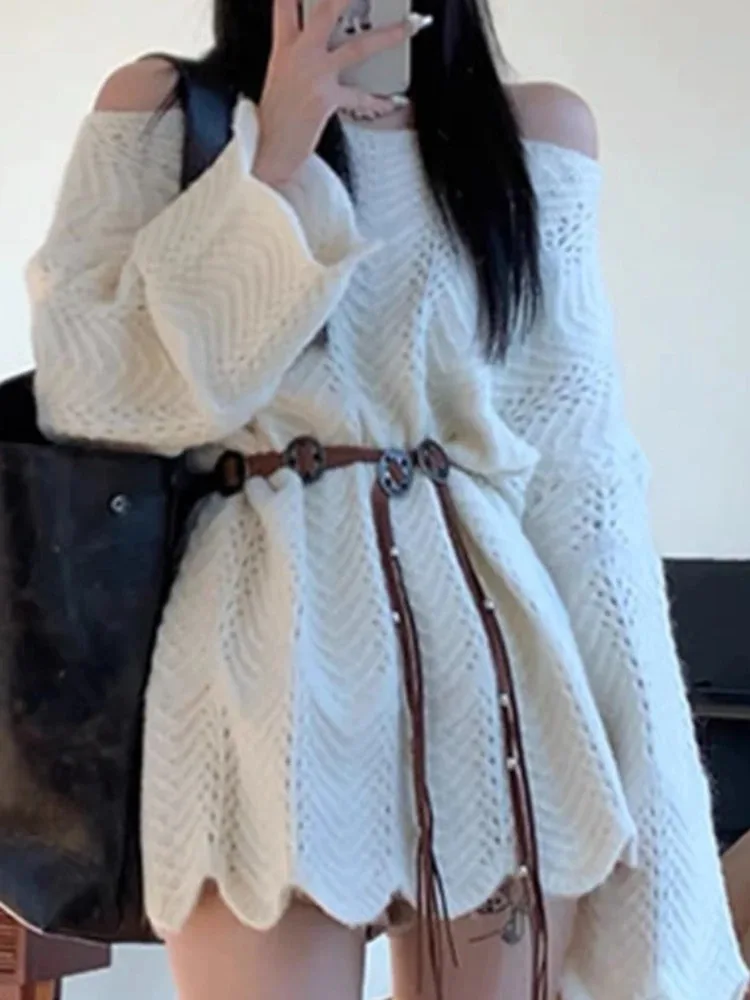 New Elegant Ladies Sweater One Shoulder Irregular Hollow Lace Long Sleeve Sexy Knitted Long Top