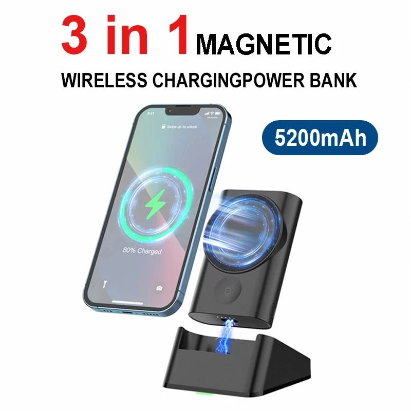 

Detachable Magnetic Power Bank 5200mAh Wireless Charger Stand for Apple Watch iPhone 1413 12 Samsung 3 in 1 Powerbank Charging