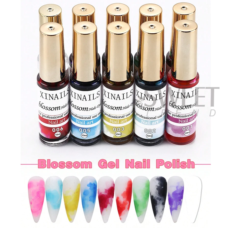 10 Bottle Blooming Watercolor Ink Nail Polish Kits 10ml Blossom Gradient Nail Liquid Soak Off Colorful Smudge Bubble Gel Varnish