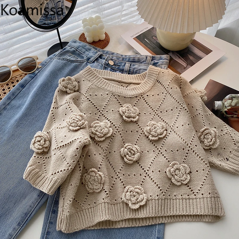 

Koamissa Vintag Women Applliques Flower Pullover Solid Fashion Spring Summer OL Sweet Sweater Short Sleeves Outwear Tops Korean