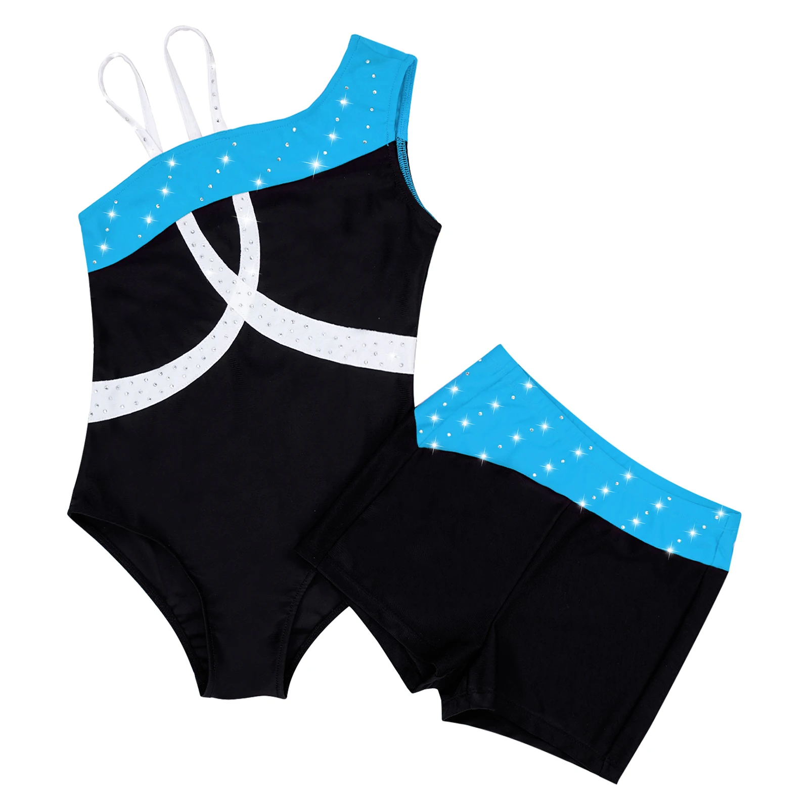 Kids Girls Sleeveless Oblique Shoulder Gymnastics Jumpsuit with Boxer Shorts Shiny Rhinestone Gymnastics Leotard Ballet Outfit