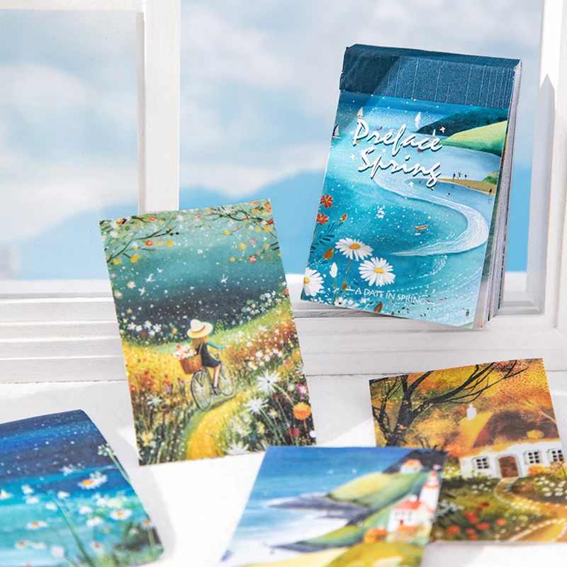Mr.Paper 50Pcs Prelude to Spring Series Spring Landscape Illustration Memo Pad DIY Journal Scrapbook Collage Decor Craft Supplie