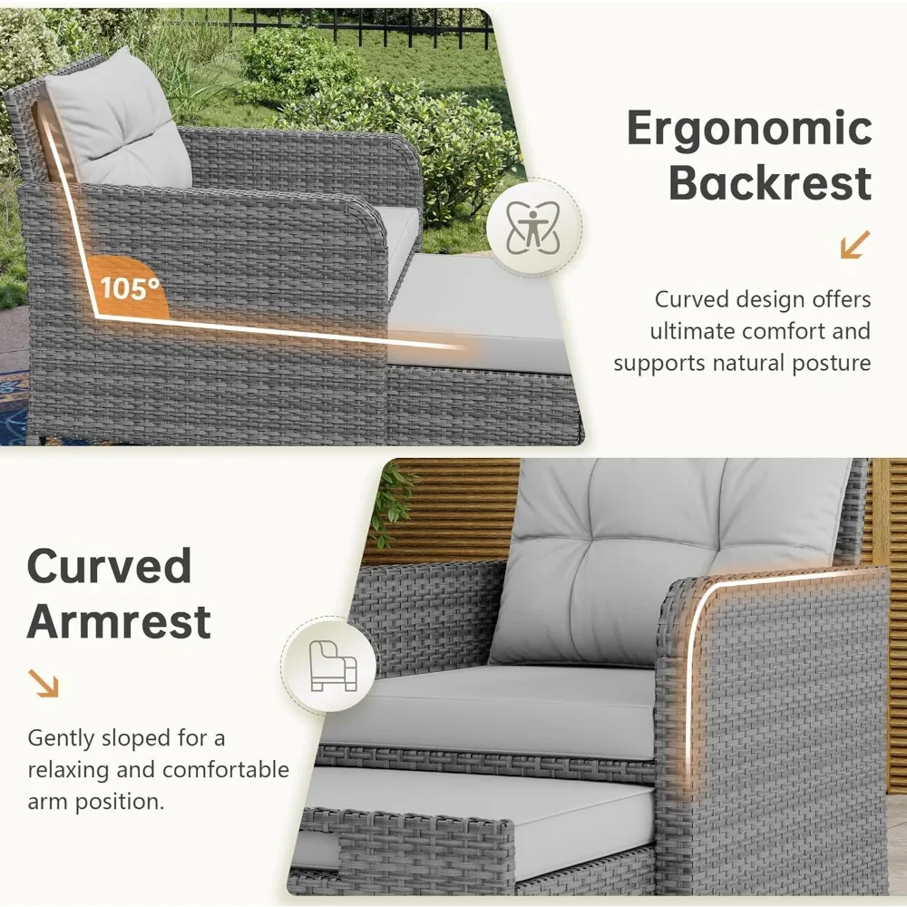 Balcony Furniture 5 Piece Patio Conversation Set, PE Wicker Rattan Outdoor Lounge Chairs with Soft Cushions 2 Ottoman&Glass Tabl 4