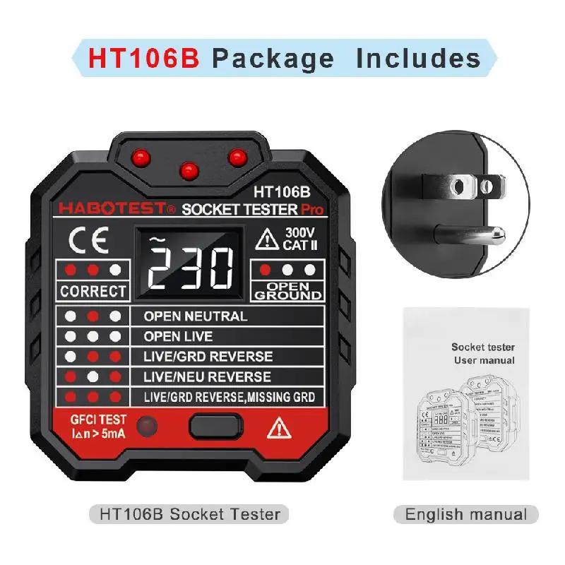 

UYANGG Tool Smart Socket Tester Digital EU Plug Outlet Checker 30mA RCD HT107 Socket Detector Ground Zero Line Circuit Check