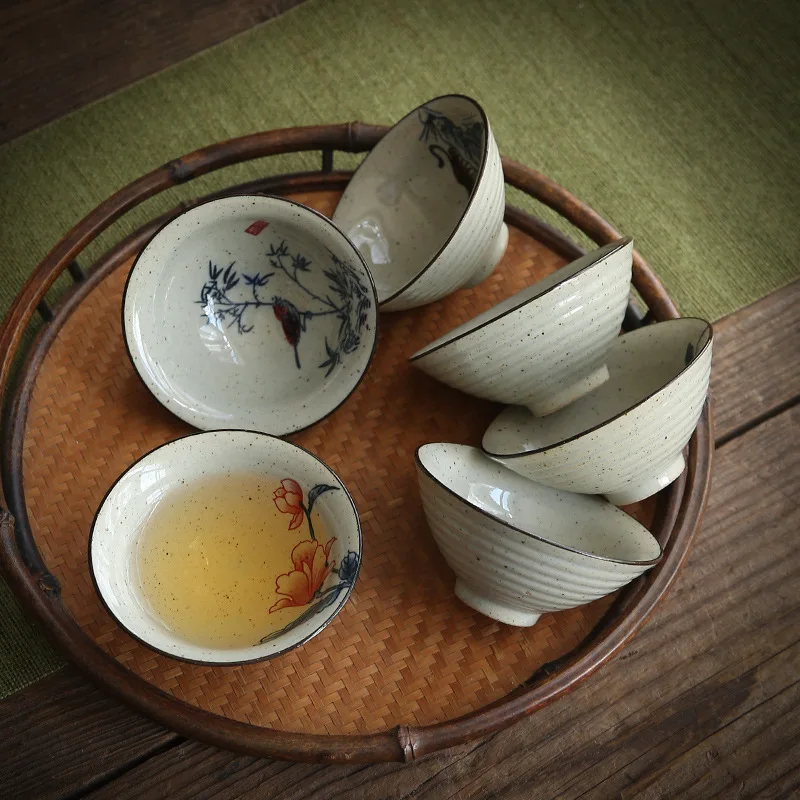 Tea Cup Master Cup Grass Gray Bamboo Hat Retro Kung Fu Chinese Making Ceramic Underglaze Colored Guest Cups Teaware Kitchen Bar