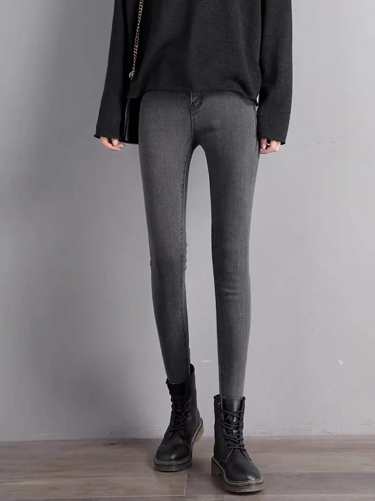 

Jeans Women Skinny 2022 New Spring And Autumn Fashion Smoke Gray Pockets High Waist Slim Nine-point Pencil Pants Female