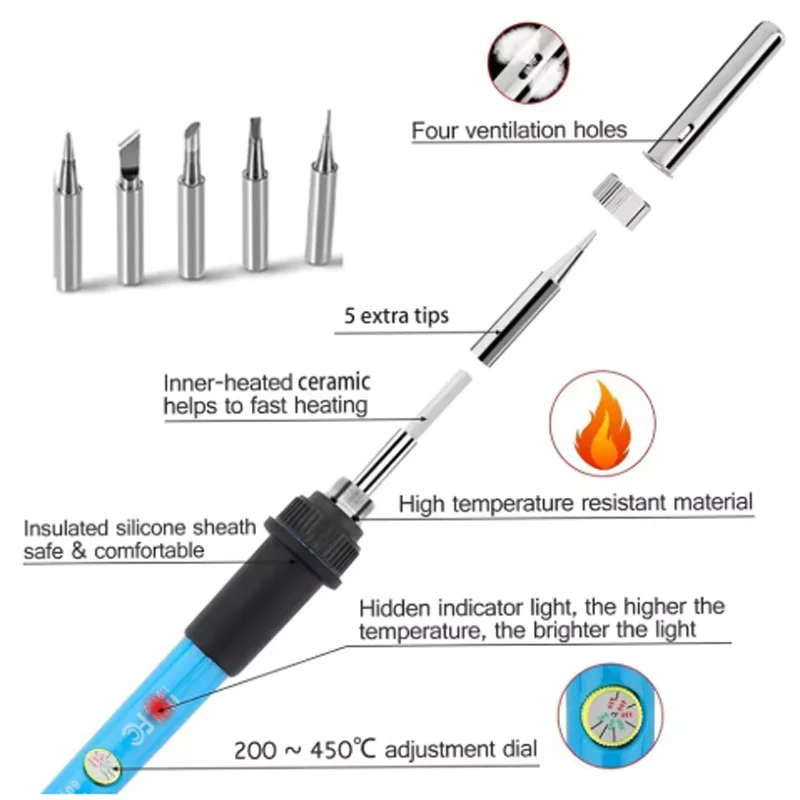 Soldering Iron 10-IN-1 60W Adjustable Temperature Replaceable Soldering Iron Head Pen Welding Kit