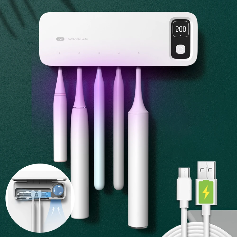 Esterilizador de cepillo de dientes UV, soporte de cepillo de dientes montado en la pared de secado rápido recargable con pantalla LED para Baño