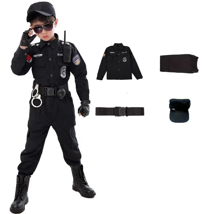 Kids Cosplay Costume Costumes de policier du SWAT pour enfants uniforme de police carnaval pour enfants arm&eacute;e policier soldat Hallo