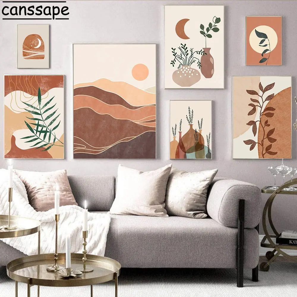 Boho Canvas Painting Sun Mountain Wall Pictures Abstract Leaf Poster Moon Plant Vaso Art Prints Nordic Poster Living Room Decor