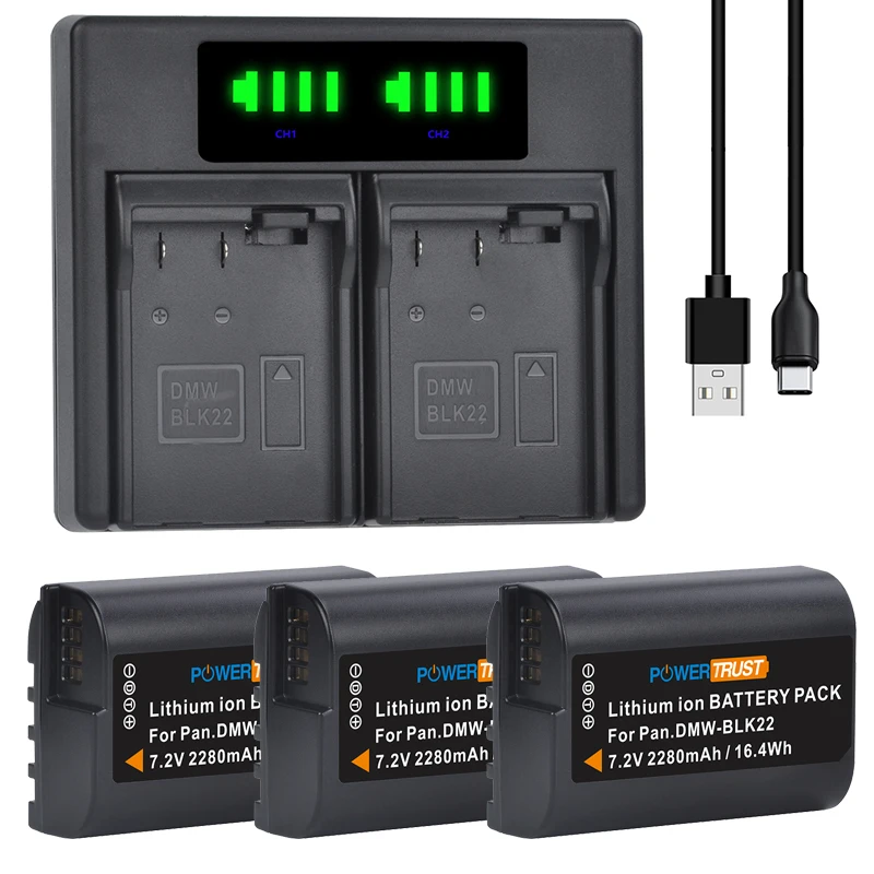 Batteria 2280Mah Dmw-Blk22 Dmw Blk22 + Doppio Caricabatterie Per Fotocamere Panasonic Lumix Dc-S5 Dc-S5K